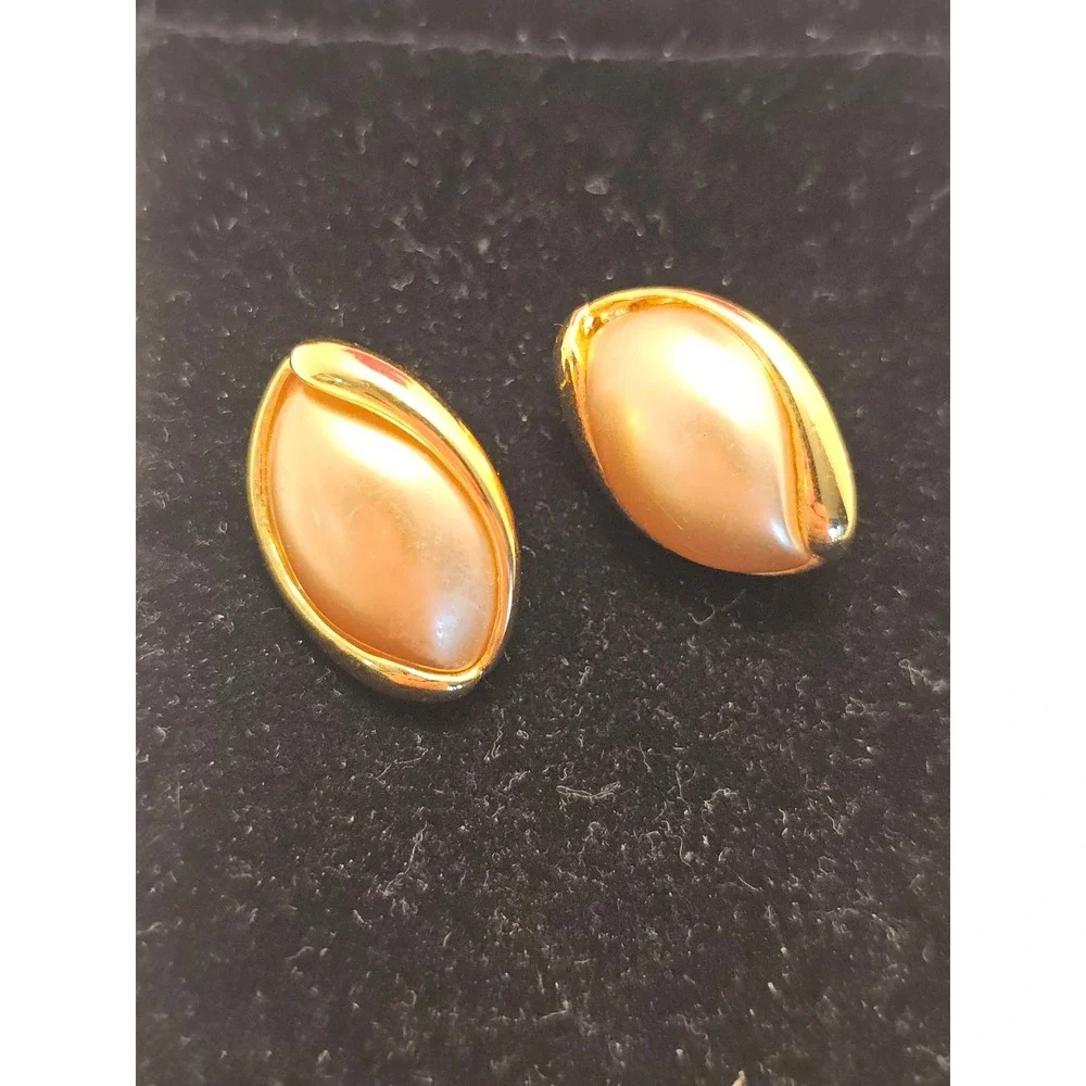 Napier Vintage Gold Tone Faux Pearl Marquise Stud Earrings Post Back Classic